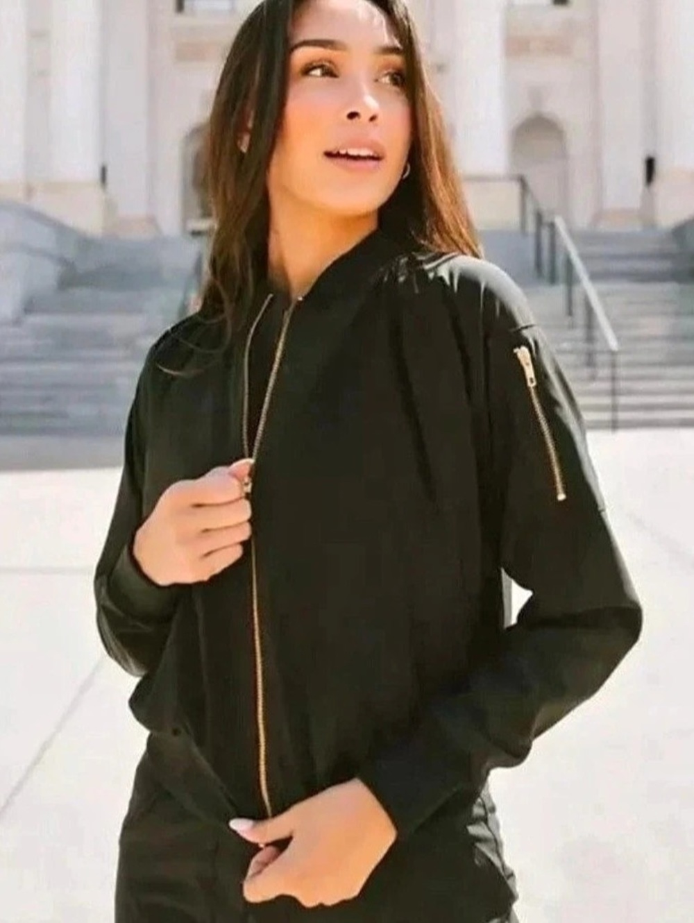 Albion Fit Women's Size L Black Gold Zipper Bomber Jacket Lightweight Coat